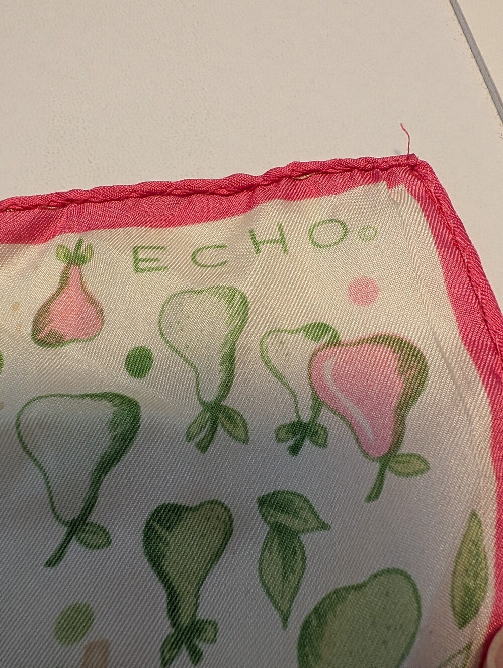 Vintage Echo Scarf Pear Print Pink & Green Square Silk Feel Accessory